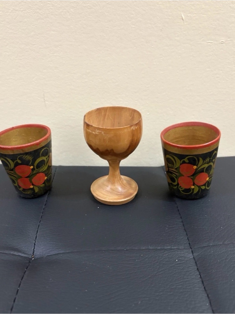 Handmade Wooden Goblet and Painted Egg Cups - Brown and Black Set